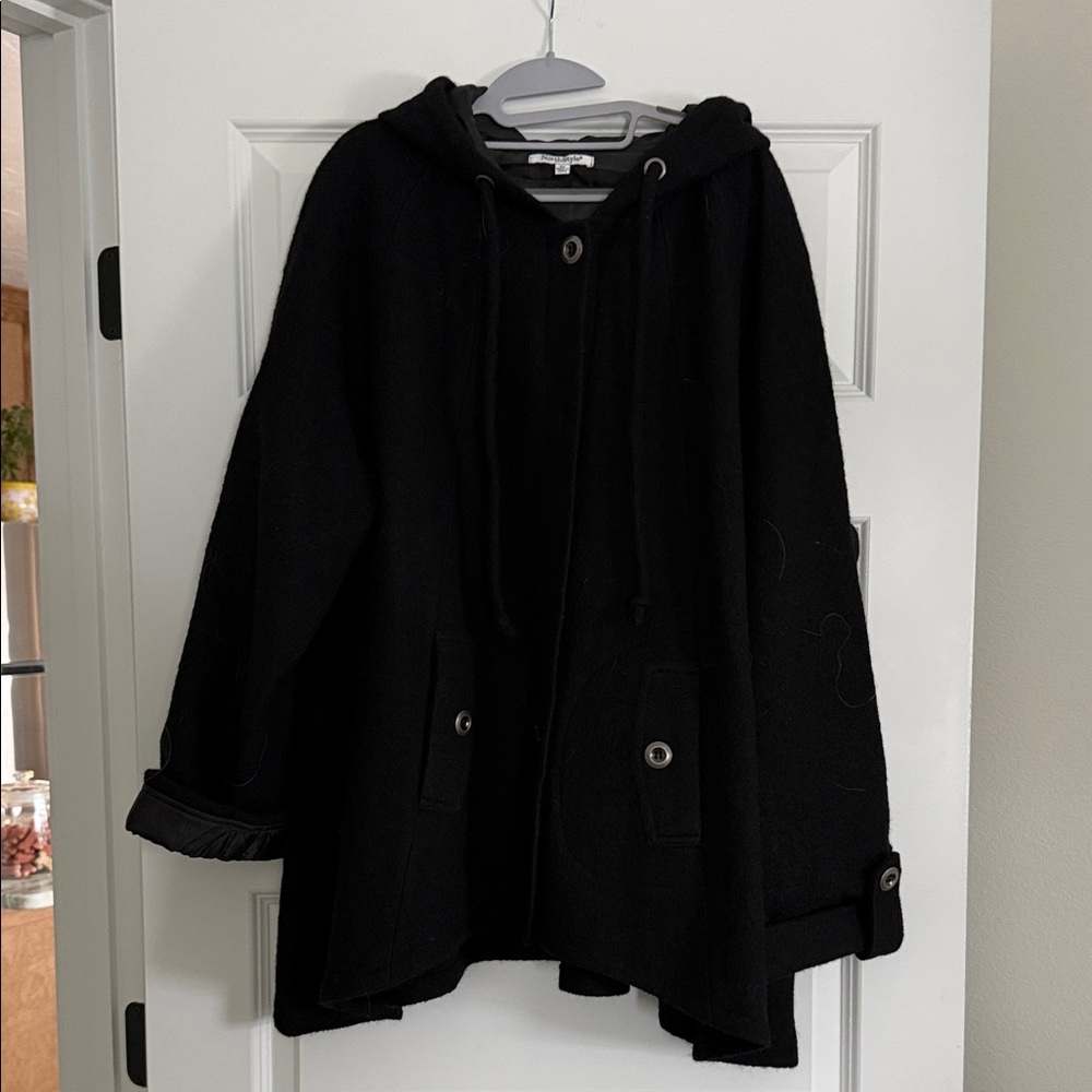 Black boiled wool button-down swing coat